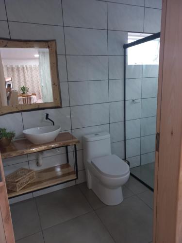 特雷齐蒂利亚斯Hospedaria Mitterer的一间带卫生间和水槽的浴室