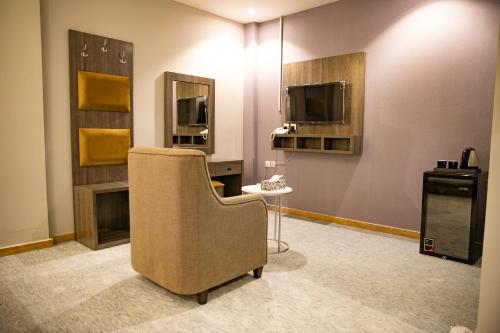 哈费尔巴廷فندق روش بلس的客厅配有椅子和电视