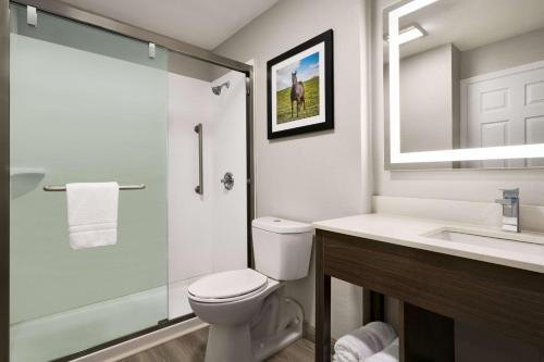 列克星敦La Quinta Inn Lexington-Horse Park的浴室配有卫生间、盥洗盆和淋浴。