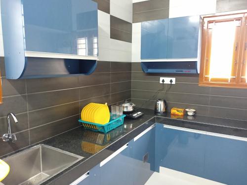 马杜赖Meadows Homestay的厨房配有蓝色橱柜和水槽