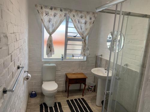 StrandfonteinStrandfontein holiday house的一间带卫生间、水槽和窗户的浴室