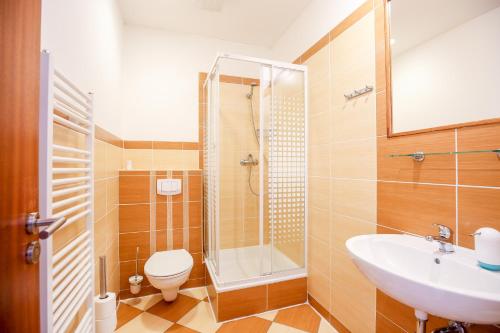 普雷迪尼维托Hotel Barborka的浴室配有卫生间、盥洗盆和淋浴。