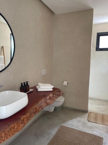 拉拉塔可库斯特Lahô Lodge的一间带水槽、卫生间和镜子的浴室