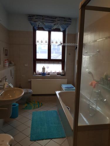 包岑宝岑苏德公寓的带浴缸、卫生间和窗户的浴室