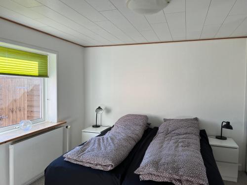 哈博尔Hyggeligt byhus的一间卧室设有两张床和窗户。