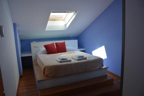 鲁伊德拉Lagunas Ruidera 15 Agua y Placer的蓝色卧室,配有红色枕头的床