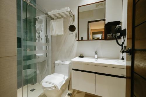 大雅台El Bien Hotel Tagaytay的浴室配有卫生间、盥洗盆和淋浴。
