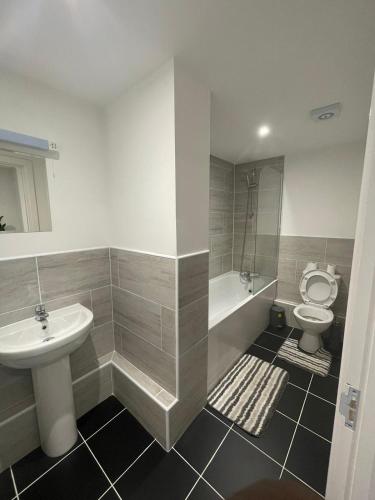 伦敦2 bed room luxury apartment in old Kent road London的一间带水槽和卫生间的浴室