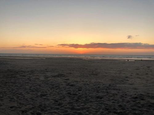 科克赛德Zeehuis的日落在海滩上与大海