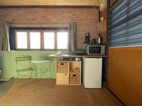 TullinsJolie cabane avec jacuzzi pour les amoureux de la nature的厨房配有冰箱和带微波炉的桌子。