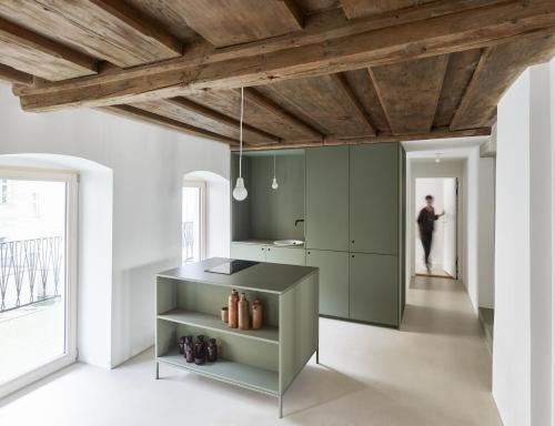 林茨CHARMANTES APARTMENT im Herzen von Linz的厨房设有绿色的橱柜和木制天花板。