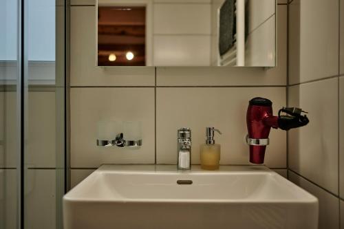 布里恩茨Lakeside Tiny House Brienz的白色水槽,浴室内装有红色的器具
