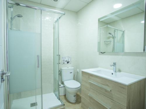 马德里NALÓN INN的浴室配有卫生间、盥洗盆和淋浴。