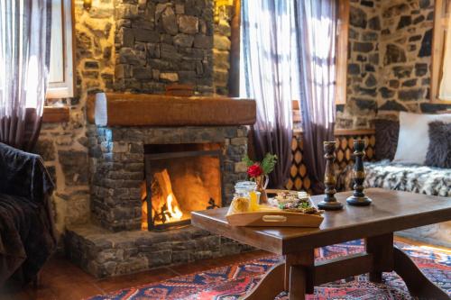 帕雷斯阿吉萨那4 Seasons Premium Chalet的客厅设有石制壁炉和桌子。
