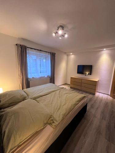 爱尔福特Schöne helle Ferienwohnung 64qm mit Kingsize Bett, Smart-TV, Wlan und sehr ruhige Lage的一间卧室配有一张大床和电视