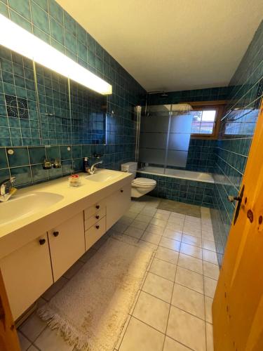 克洛斯特斯多夫Chalet Alten的浴室配有2个盥洗盆、卫生间和浴缸。