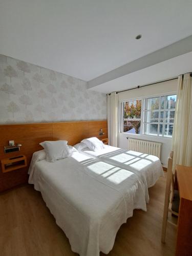 桑亨霍Hotel Casa Román的卧室设有一张白色大床和一扇窗户。