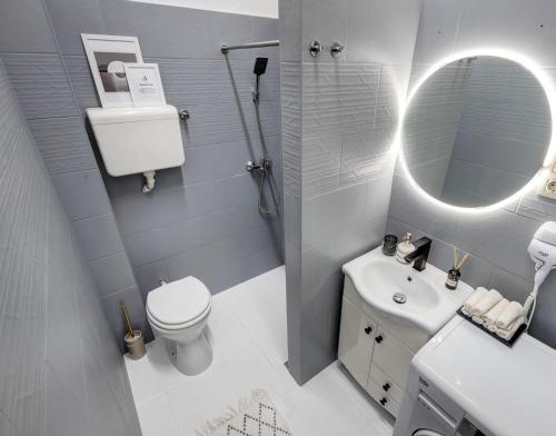 布达佩斯Felsőerdősor Residence的一间带卫生间、水槽和镜子的浴室