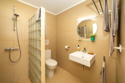 克拉伦代克Oasis guesthouse, Boutique Style Hotel的一间带水槽、卫生间和镜子的浴室