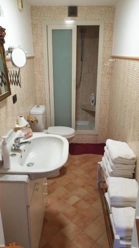 米斯泰尔比安科House dependance Belvedere的一间带水槽、卫生间和淋浴的浴室