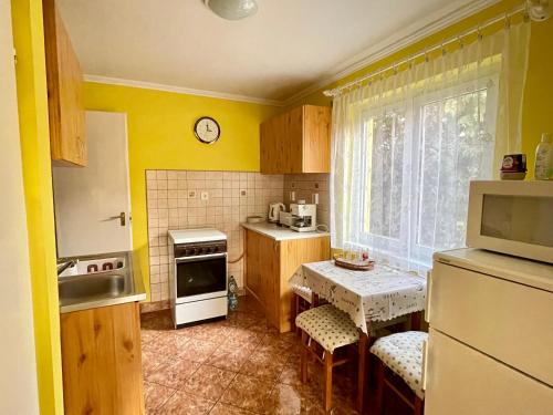 欧罗什哈佐Napfény nyaraló的厨房设有黄色的墙壁、桌子和冰箱