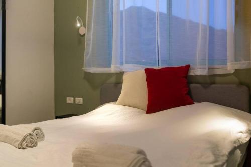 Ovnatfamily apartment Dead-sea view的一张带红色枕头的床和一扇窗户
