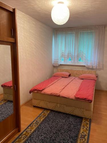 萨拉热窝Airport Sarajevo Apartment 1的一间卧室配有一张带红色床单的床和一扇窗户。