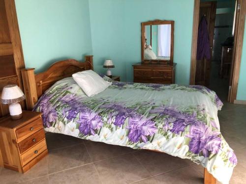 巴斯蒂门多斯Sunset View的一间卧室配有一张带紫色和白色毯子的床