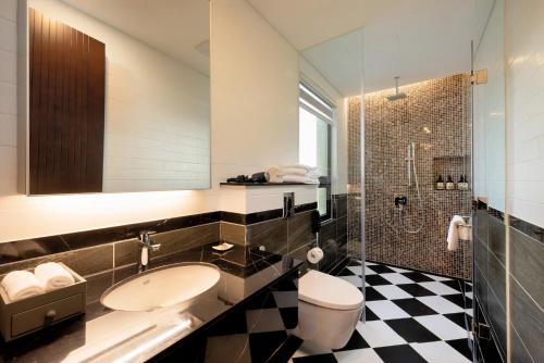 河内Wyndham Sky Lake Resort and Villas的一间带水槽、卫生间和淋浴的浴室