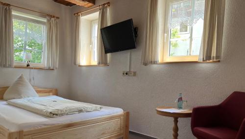 OlbersdorfOlbersdorfer Hof的卧室配有一张床,墙上配有电视。