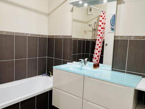 康博莱班Appartement Cambo-les-Bains, 2 pièces, 2 personnes - FR-1-495-87的浴室配有盥洗盆、镜子和浴缸