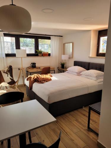 戈恰乌科维采·兹德鲁伊Villa Pinia的一间卧室配有两张床和一张桌子及椅子