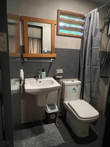 科隆快乐露营者旅舍的一间带卫生间和水槽的小浴室