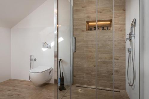 班斯卡-比斯特里察Apartmán pod Vežou 2的一间带卫生间和玻璃淋浴间的浴室