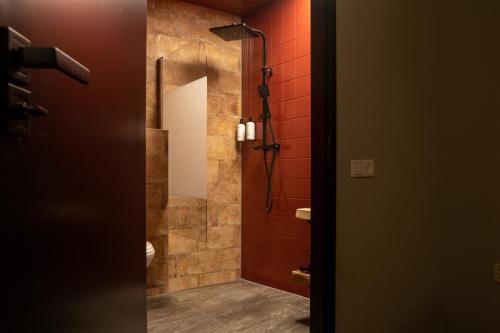 海尔德罗普Boutique Hotel Four的带淋浴和卫生间的浴室。