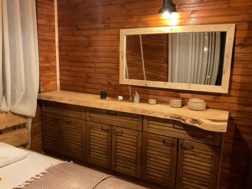 乌尔拉Panurla Wooden House havuz & sauna kırmızı的一间带水槽和镜子的浴室