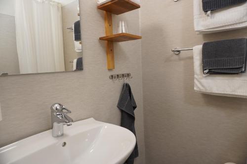 尼雪平尼加登斯克贾诺姆酒店的浴室配有盥洗盆、镜子和毛巾