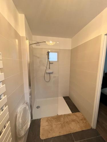 布洛涅-比扬古Superbe appartement de 51m2 à 10mn de Paris的浴室里设有玻璃门淋浴