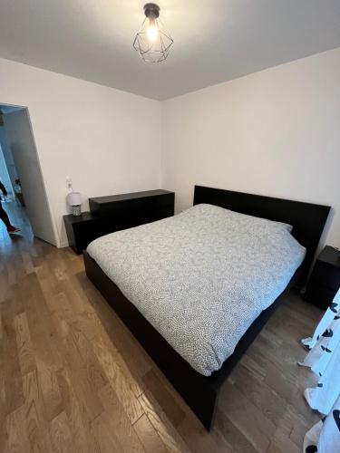 布洛涅-比扬古Superbe appartement de 51m2 à 10mn de Paris的一间卧室设有一张大床,铺有木地板