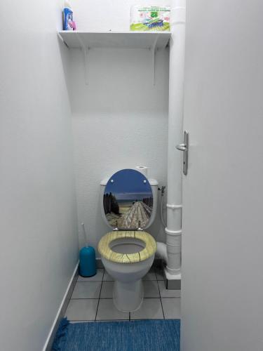 萨莱比梅Chambre d'hôte à 5Mn de l’aéroport的一间带卫生间和镜子的小浴室