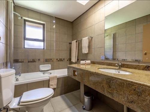 雾观Leisure Time Rentals - Sanbonani Resort & Spa的一间带卫生间、水槽和镜子的浴室