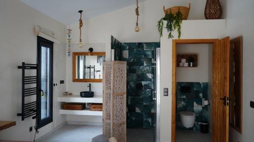 孔佩塔Villa Isabella的带淋浴、盥洗盆和镜子的浴室