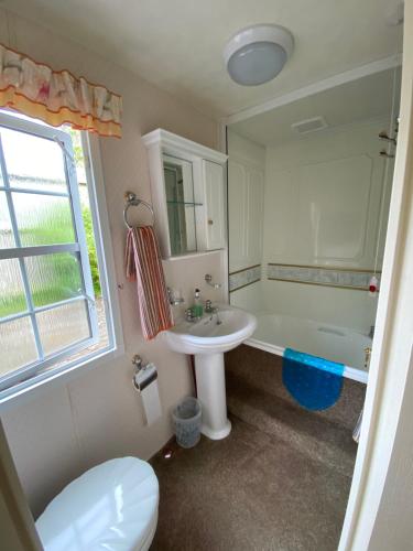 莫伊尔弗雷“Ty Hir Caravan” Moelfre的浴室配有盥洗盆、卫生间和浴缸。