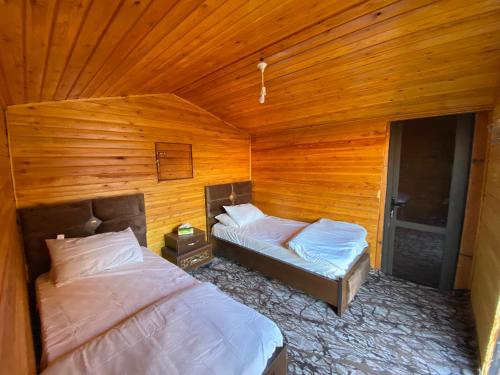 瓦迪拉姆Wadi Rum Quiet Sky的木墙客房的两张床