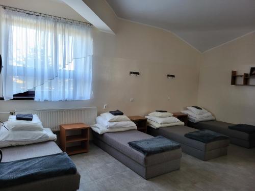 LubawaHotelik OSiR Lubawa的客房设有三张床、一张沙发和一个窗口。