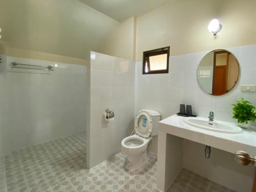 萨科特山Mom and Me Resort & Farm的一间带卫生间、水槽和镜子的浴室