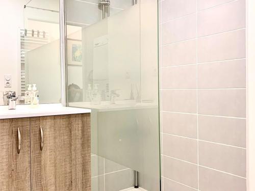 迈兹Appartement Mèze, 3 pièces, 4 personnes - FR-1-604-27的带淋浴和盥洗盆的浴室