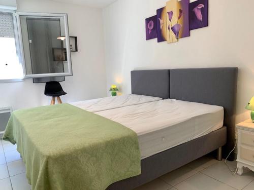 迈兹Appartement Mèze, 3 pièces, 4 personnes - FR-1-604-27的一间卧室配有一张带绿毯的床