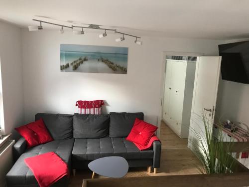 格拉尔-米里茨Meeresrauschen的客厅配有灰色沙发和红色枕头