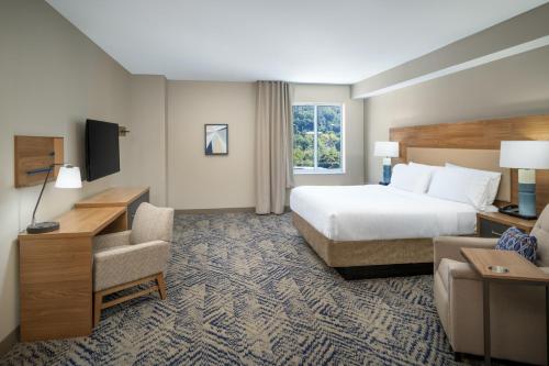 阿什维尔Candlewood Suites - Asheville Downtown, an IHG Hotel的大型酒店客房,配有床和椅子